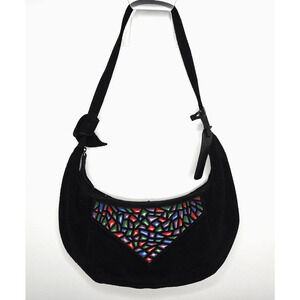 Sabrina Scala Black Suede with "Stained Glass" Leather Flap Hobo Shoulder Bag